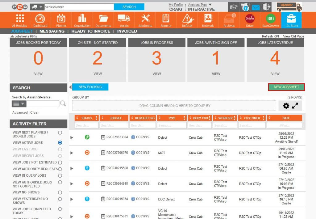 Step 1 – From the jobsheets page, Click NEW JOBSHEET