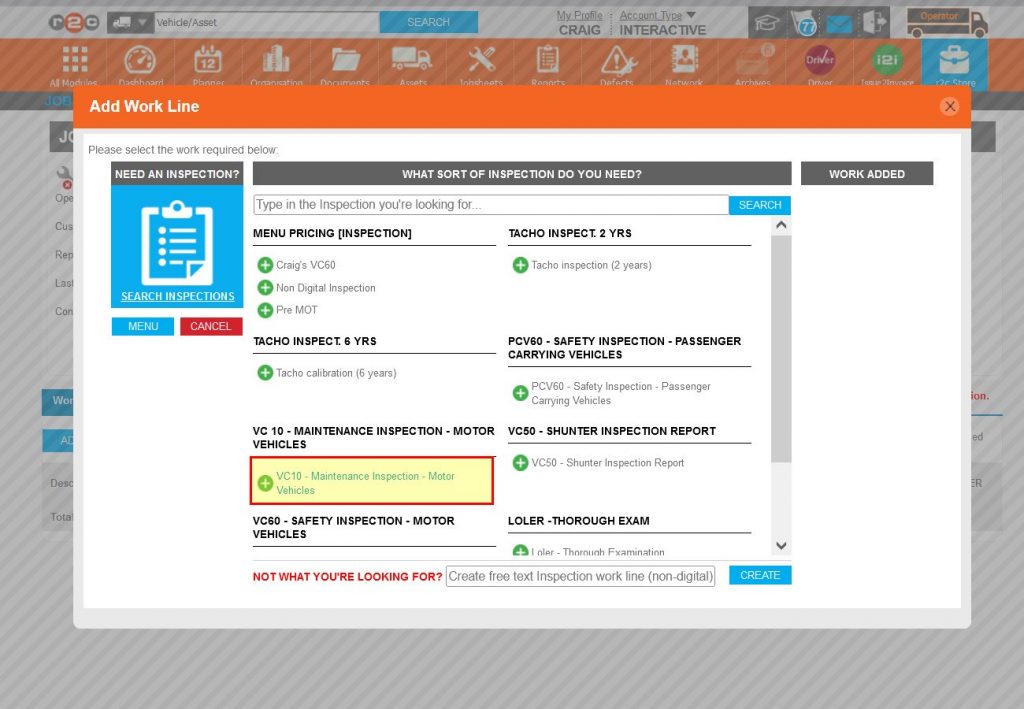 Step 11 – Click the specific task, in this case a VC10 inspection.