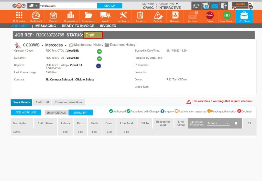 Step 6 – Once created the jobsheet will be in a draft status, indicating that it is not being saved and would therefore be deleted if navigated away from. In order to progress this job to Planned (saved) a work line is required.