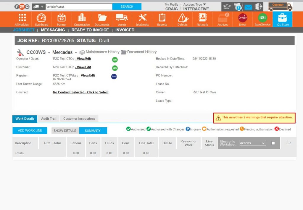 Step 7 – If the asset has outstanding defects, these can be added from the warnings area. The warnings area will also highlight any potential breaches such as MOT Expiry date.