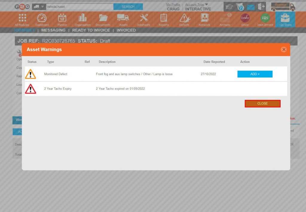 Step 8 – These defects would populate as a work line progressing the jobsheet to Planned.