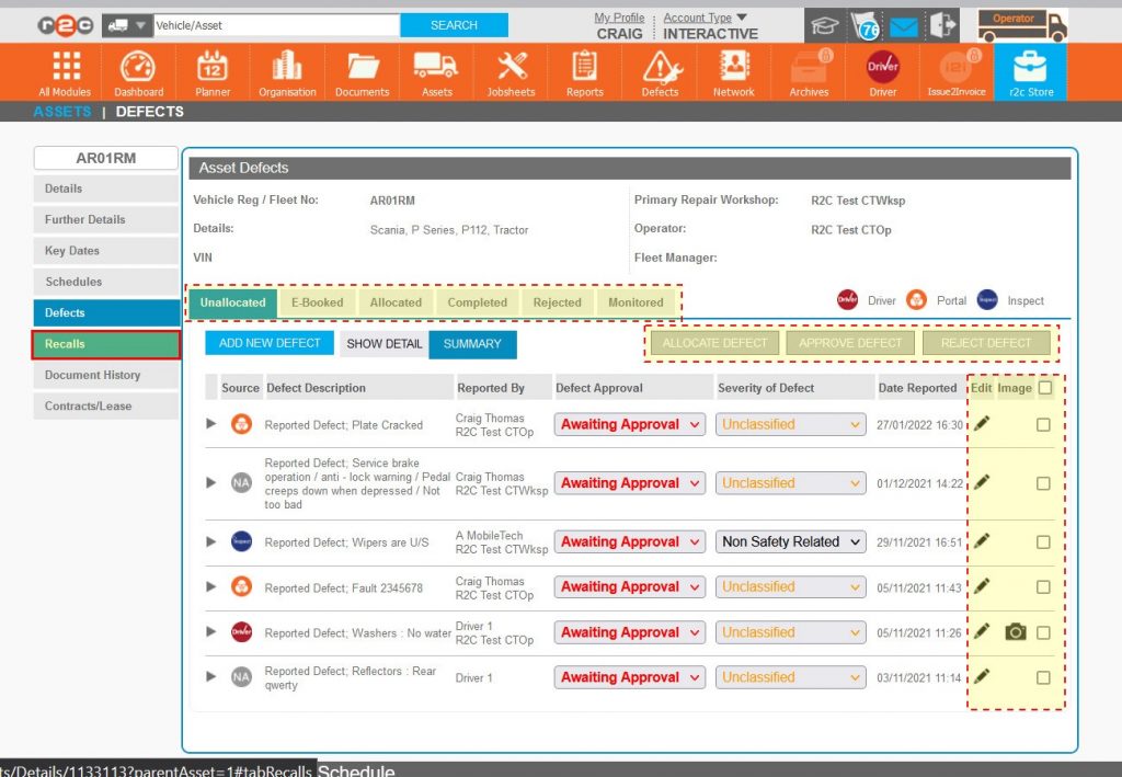 Step 9 – The Defects tab is a filtered view of the main defects page, it retains all of the same functionality of the main page, with the ability to filter approve/reject or allocate defects. The Unallocated tab is the priority tab here where unallocated indicates that a defect exists against an asset but is not currently allocated to a jobsheet or workshop for rectifying.