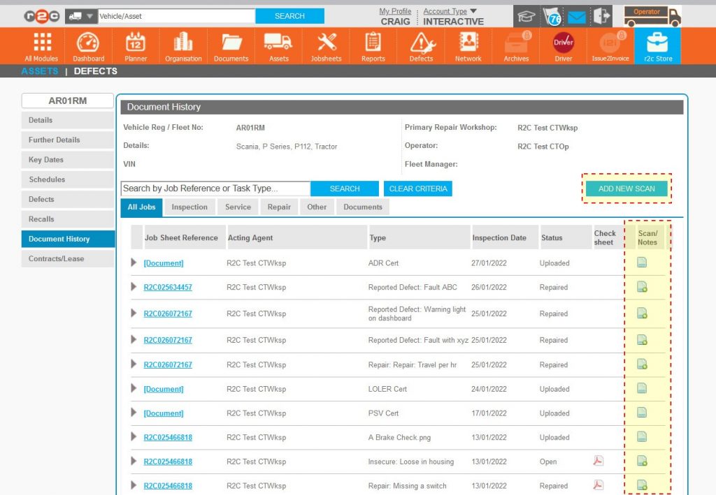 Step 11 – The Document History tab is a filtered view of the main document page, additional documentation can be added from here with the ADD NEW SCAN or ‘Scan/Notes’ function.