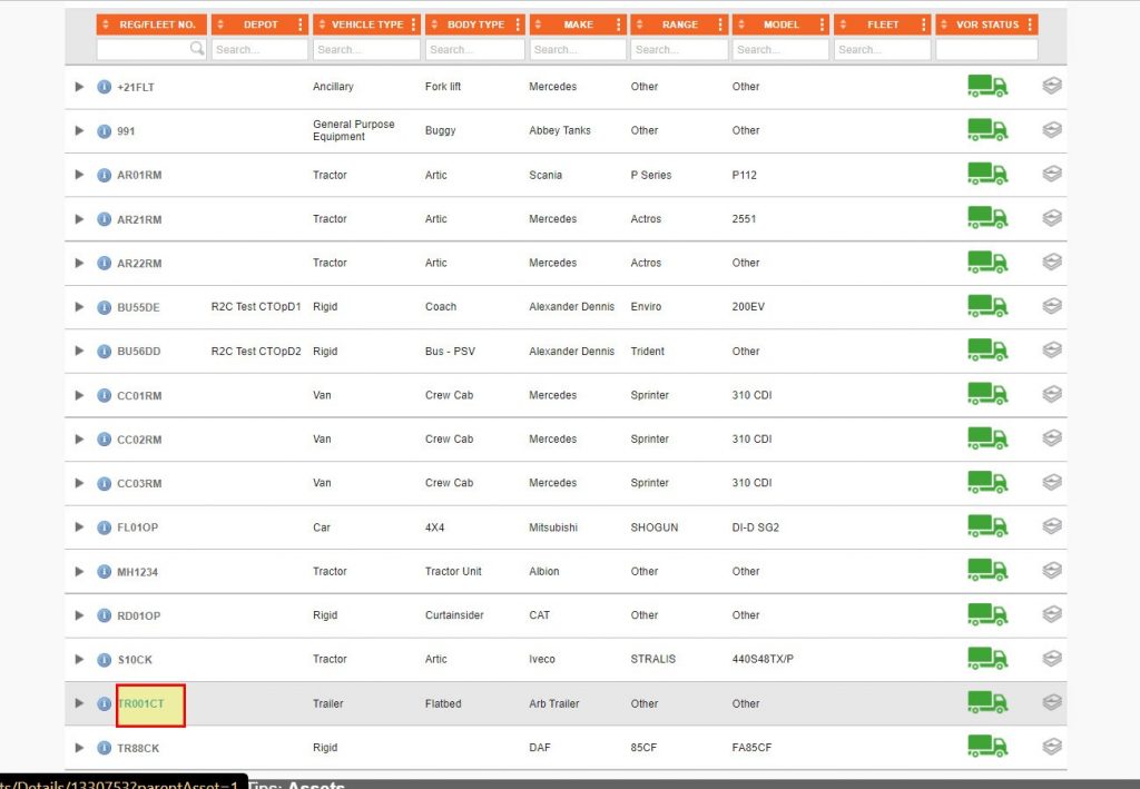 Step 2 – Click the asset’s ID ‘REG/FLEET NO.’