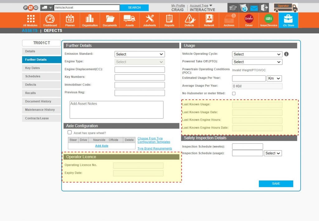 Step 4 – The ‘Further Details’ tab consists of fields that are updated automatically and some optional fields that can be manually updated. The ‘Operator Licence’ is populated from the organisation screen and the usage is primarily updated by the jobsheet.