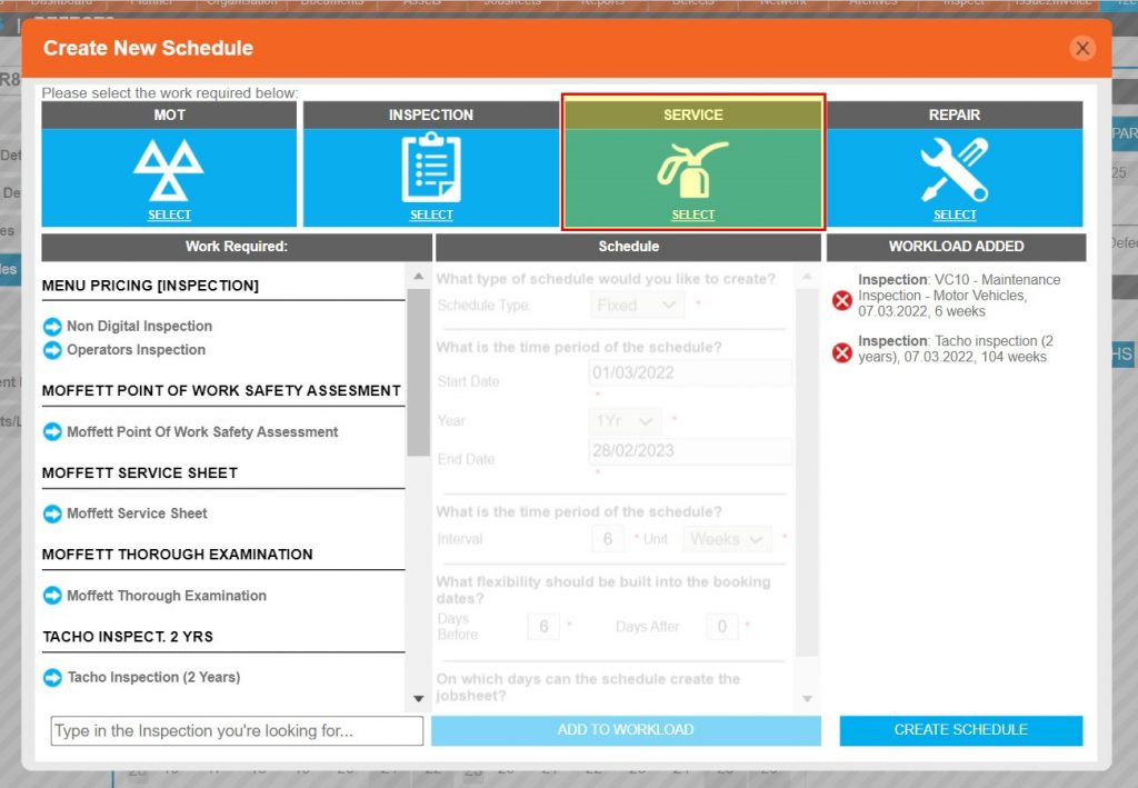 Step 18 – Servicing schedules can be created in the same way, by first clicking SERVICE.