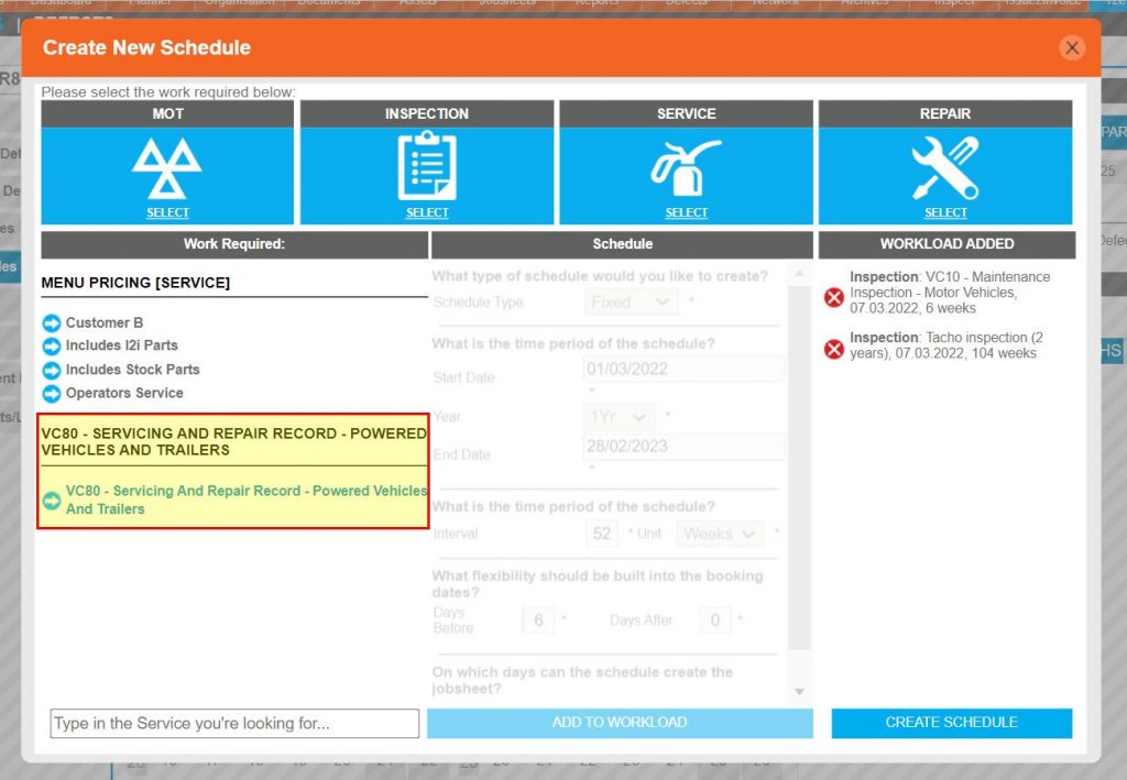 Step 19 – Unless additional servicing sheets have been purchased, the default is the VC80 – Servicing And Repair Record.