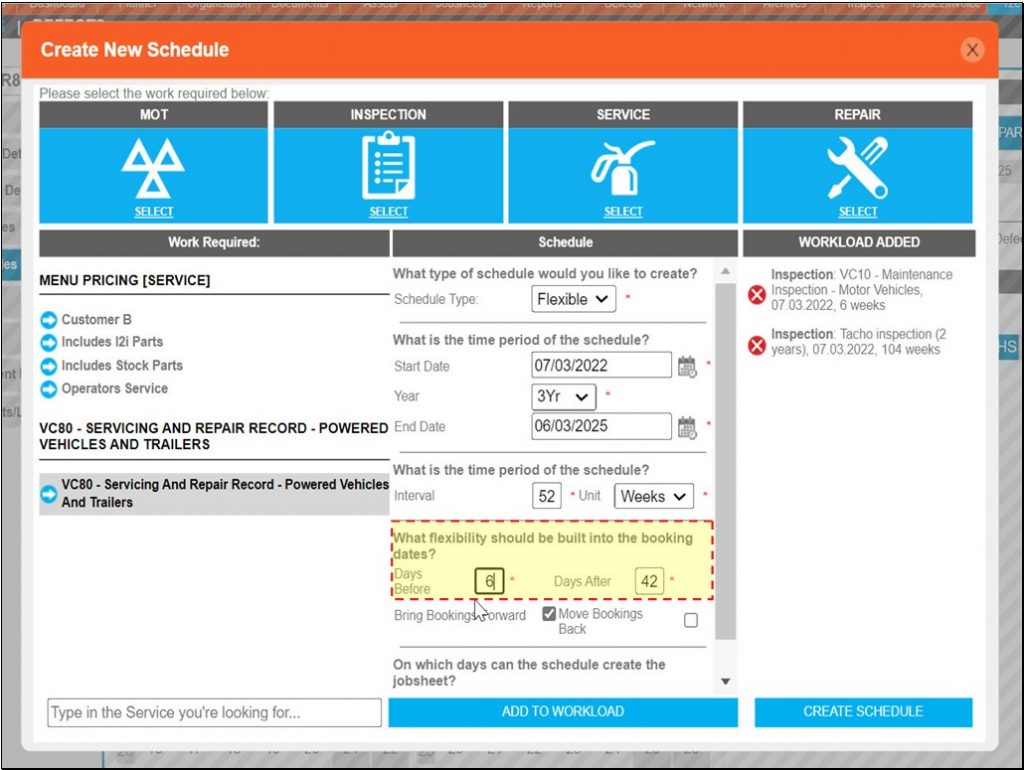 Step 20 – Where a flexible schedule is selected for non-compliance work, the tolerance of an ISO week is not relevant, therefore the tolerance is defined by the user in the form of days before and days after.