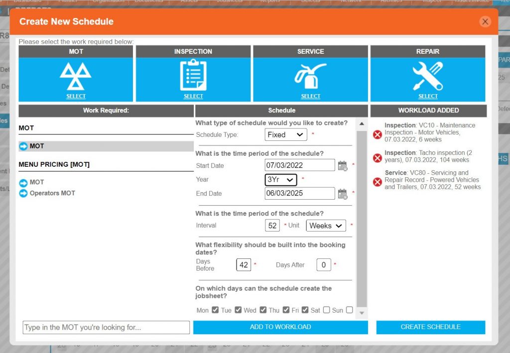 Step 22 – MOT’s or any other type of schedule can also be built as Fixed whereby the normal rules apply.