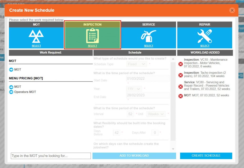 Step 23 – To create a custom schedule first click INSPECTION.