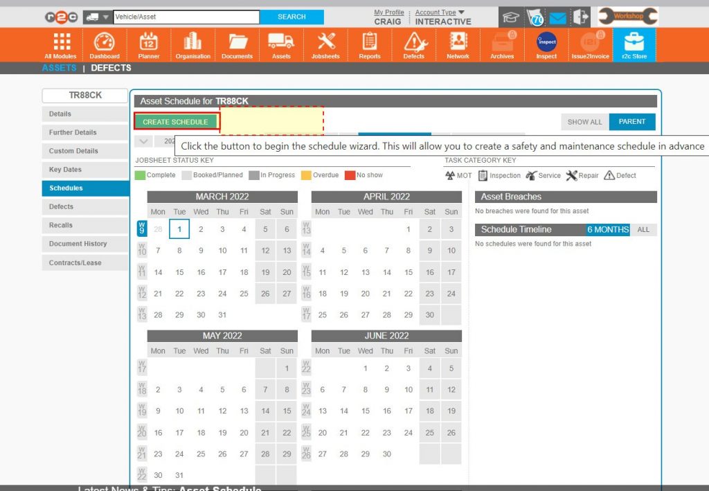 Step 3 – On looking at the ‘Schedules’ page we can see that there is no existing schedule as there is no delete button, to create a new schedule click CREAT SCHEDULE.