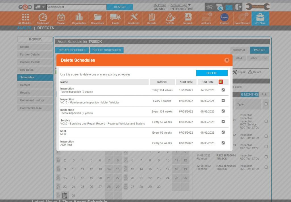 Step 30 – Should any or all of the schedules require deleting, they can be selected from here before clicking DELETE.