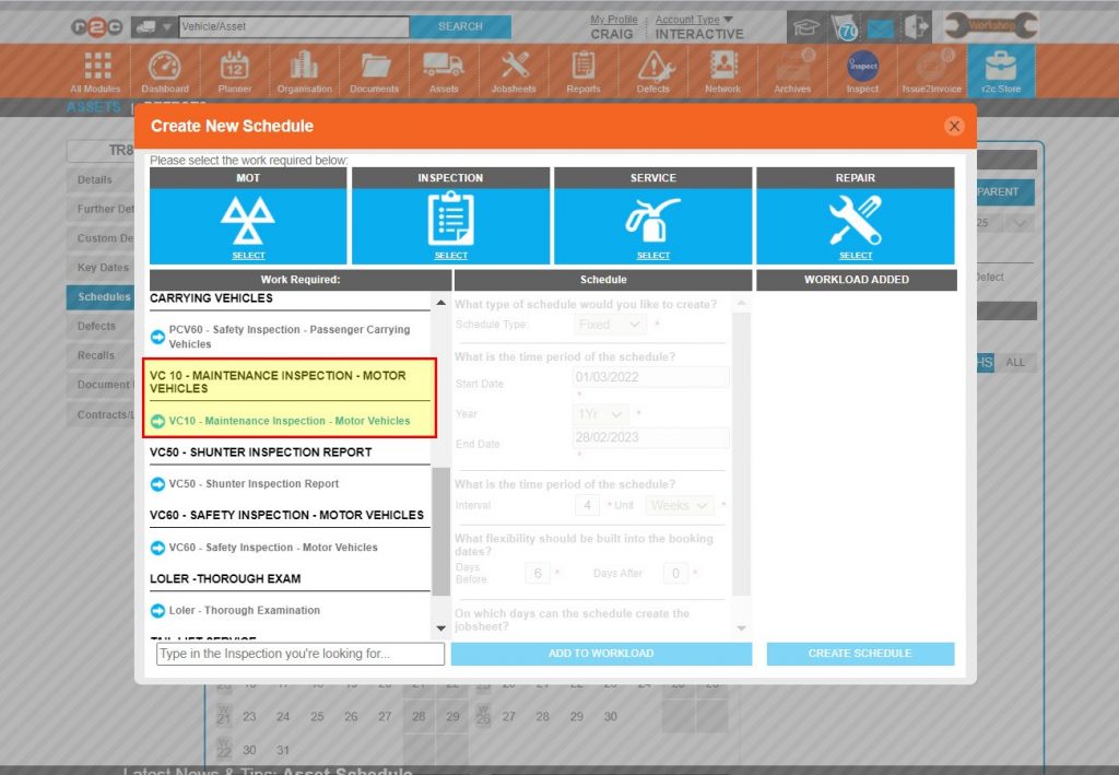 Step 5 – The primary inspection type can now be selected, click ‘VC10 Maintenance Inspection’.