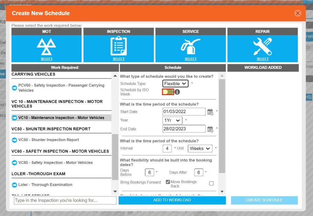 Step 7 – Where flexible has been selected for a compliance type schedule, the additional tolerance selection of ISO week also becomes available. Click the toggle switch to make active.