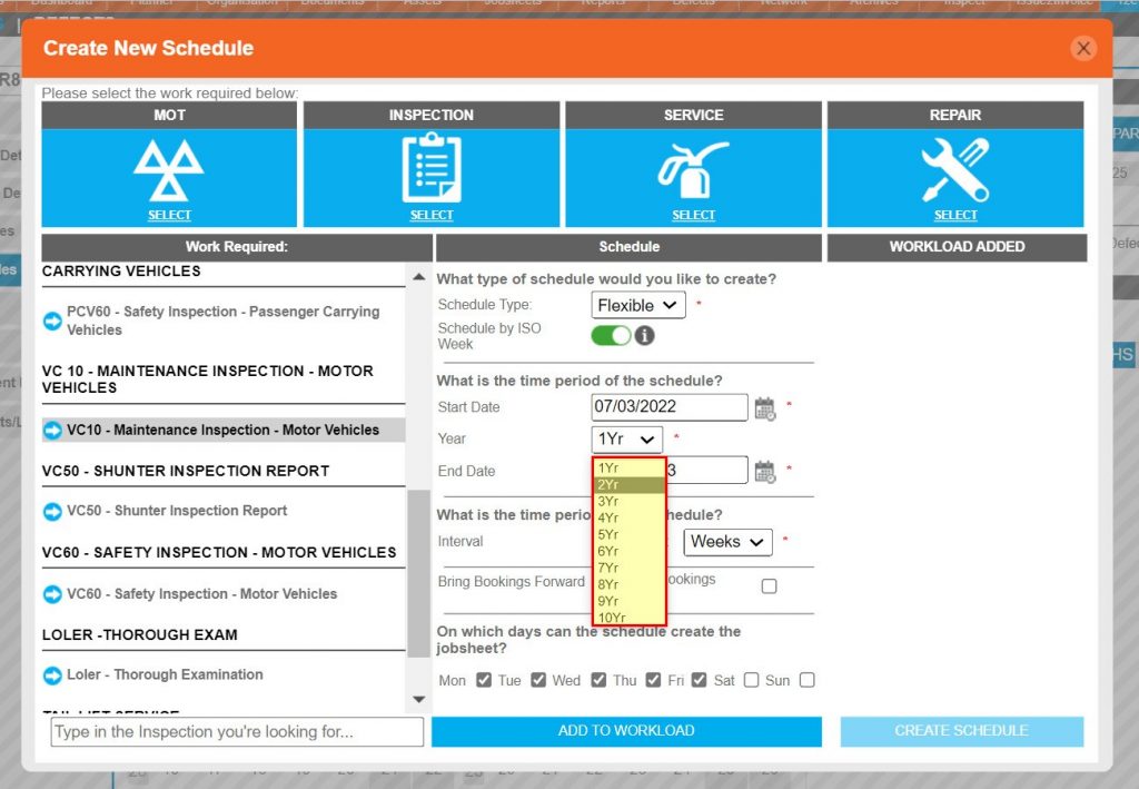 Step 9 – The year option indicates how long the schedule is to be run for, up to 10 years. i.e. if the vehicle is on lease for 2 years, then 2 years should be selected.