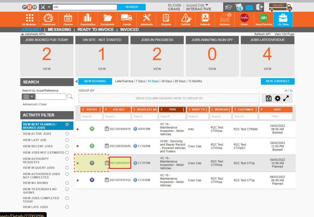 Step 1 – Identify the next jobsheet to be booked in and click the R2C job reference number.