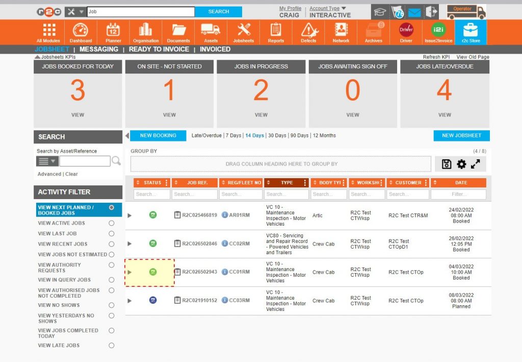 Step 10 – On the jobsheets page, confirmation of booking comes in the form of a green symbol where the next planned job can now be selected.