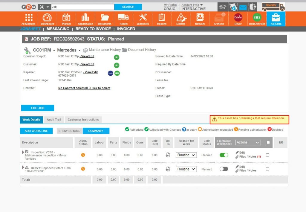 Step 2 – An assessment can now be carried out of the jobsheet, ideally looking at, the VOR status of the asset, the type of asset and work being allocated to the workshop and whether the date and time are suitable. If the asset has ‘warnings’ against it, click the warnings text.