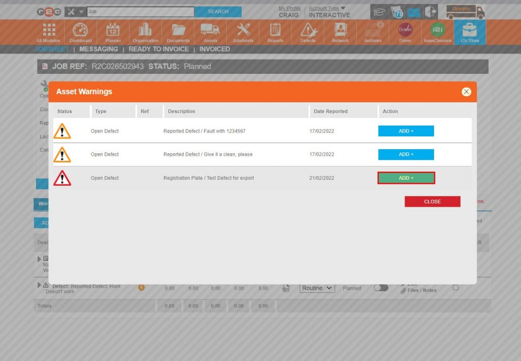 Step 3 – Warnings may consist of outstanding defects or key date breaches. If any outstanding defects exist, click the ADD+ buttons in the Action column followed by CLOSE.