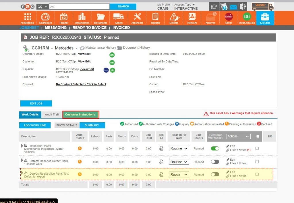 Step 4 – Any selected defects will now be seen as additional work lines on the jobsheet. Should any further information be required, click ‘Customer Instructions’.