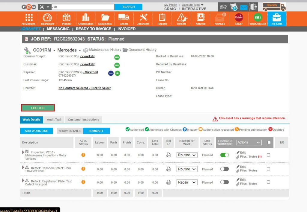 Step 6 – Once the assessment and any additions have been made, the jobsheet can be set to booked by clicking EDIT JOB.