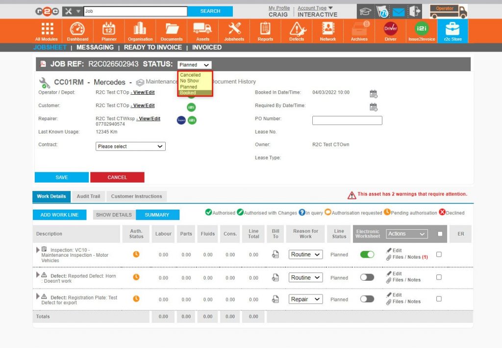 Step 7 – Once in editing mode, the job STATUS can be set to booked.
