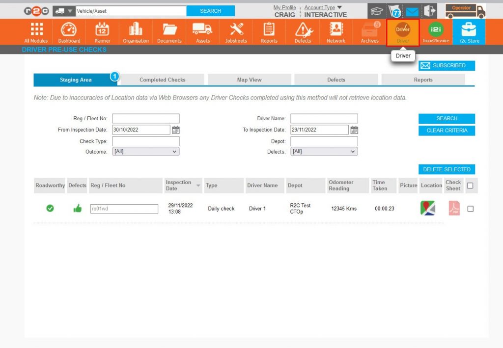 Step 1 – When opening the Driver Module page, the Staging Area is initially displayed, this is to highlight any incorrectly reported checks. In this example the Reg/Fleet No has not been recognised as indicated by the box around it.