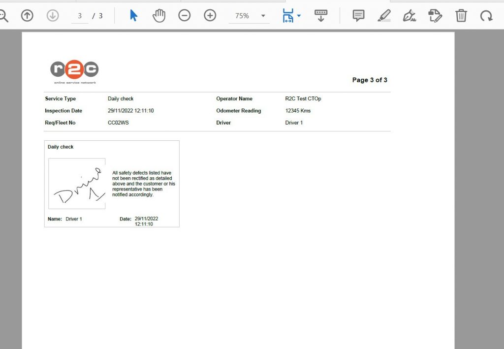 Step 14 – The final page will hold the drivers signature with declaration and date/time stamp.