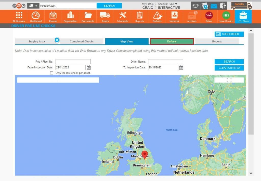 Step 16 – The map view relies on location data being sent by the drivers device and can be filtered by asset, driver or/and date period. Click the defects tab.