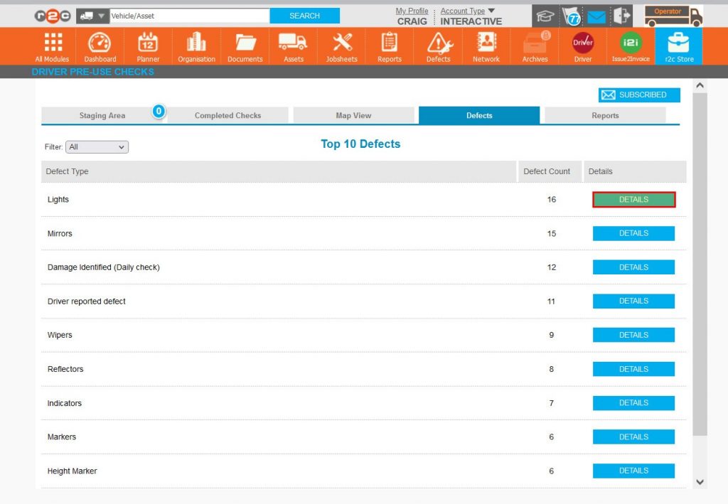 Step 17 – The defects tab has no relation to defect management but instead allows for very low-level analytics, the page groups driver defect together and displays the top 10 types. Click details against a defect type.