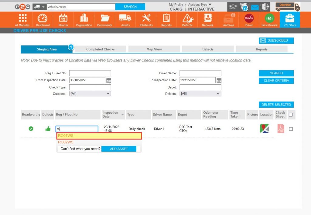 Step 2 – To rectify the issue, select the Reg/Fleet No and begin to type the correct asset ID, the correct ID can then be selected from the drop-down list.
