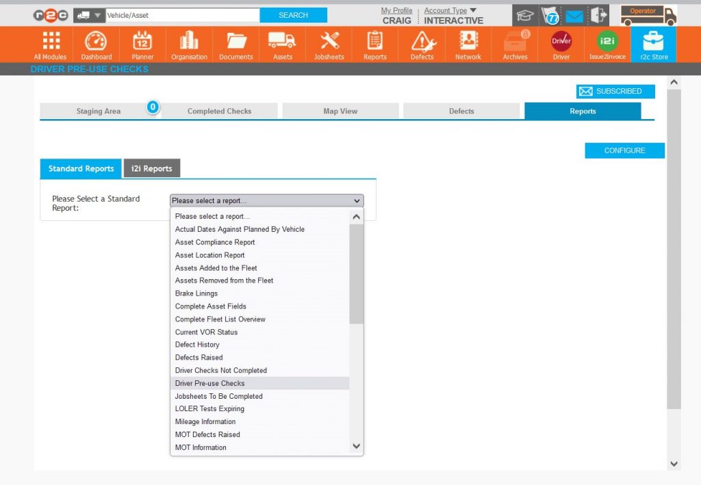 Step 20 – The reports tab is the same as the main reports page but exists for two specific reports, ‘Driver Checks Not Completed’ and ‘Driver Pre-use Checks’.