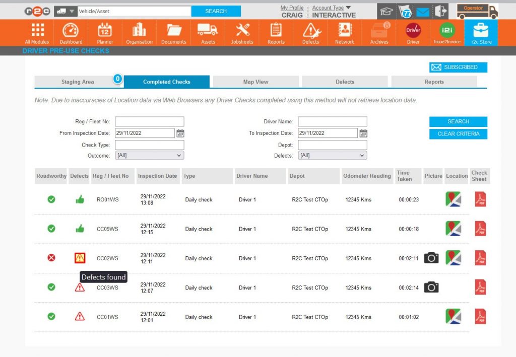 Step 5 – Although the driver module is not designed to manage driver reported defects it can be used as an indicator of what defects have come in. For further information see the Defect Management Guide. Click the defect warning icon.