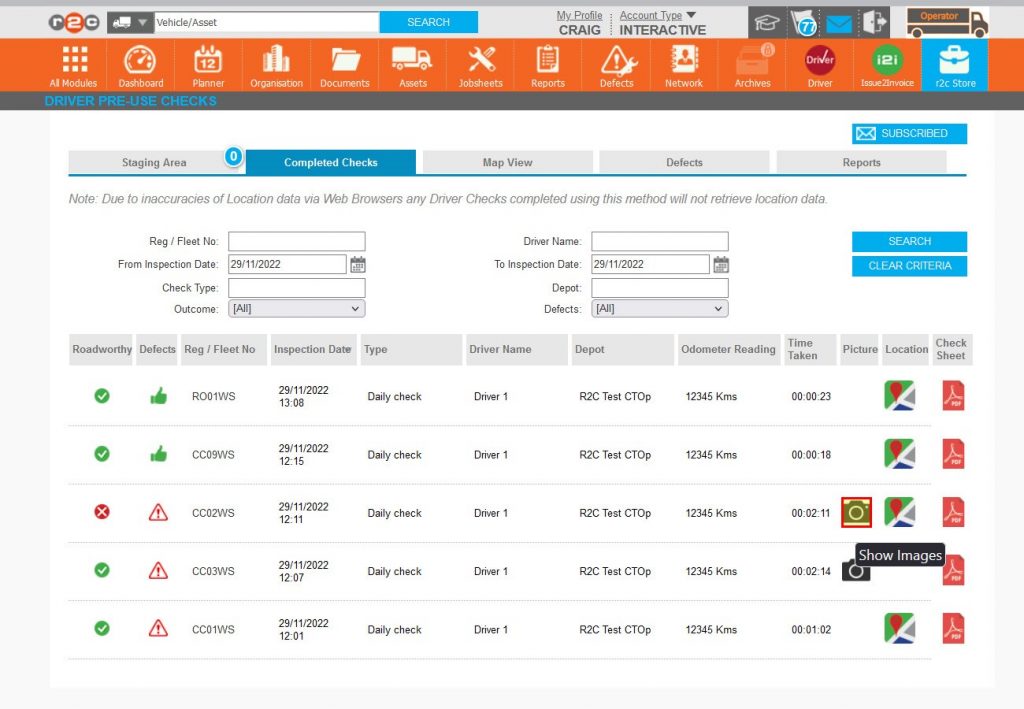 Step 7 – Where the driver has provided additional evidence, in the form of a photo, the camera icon will populate. Click the camera icon.