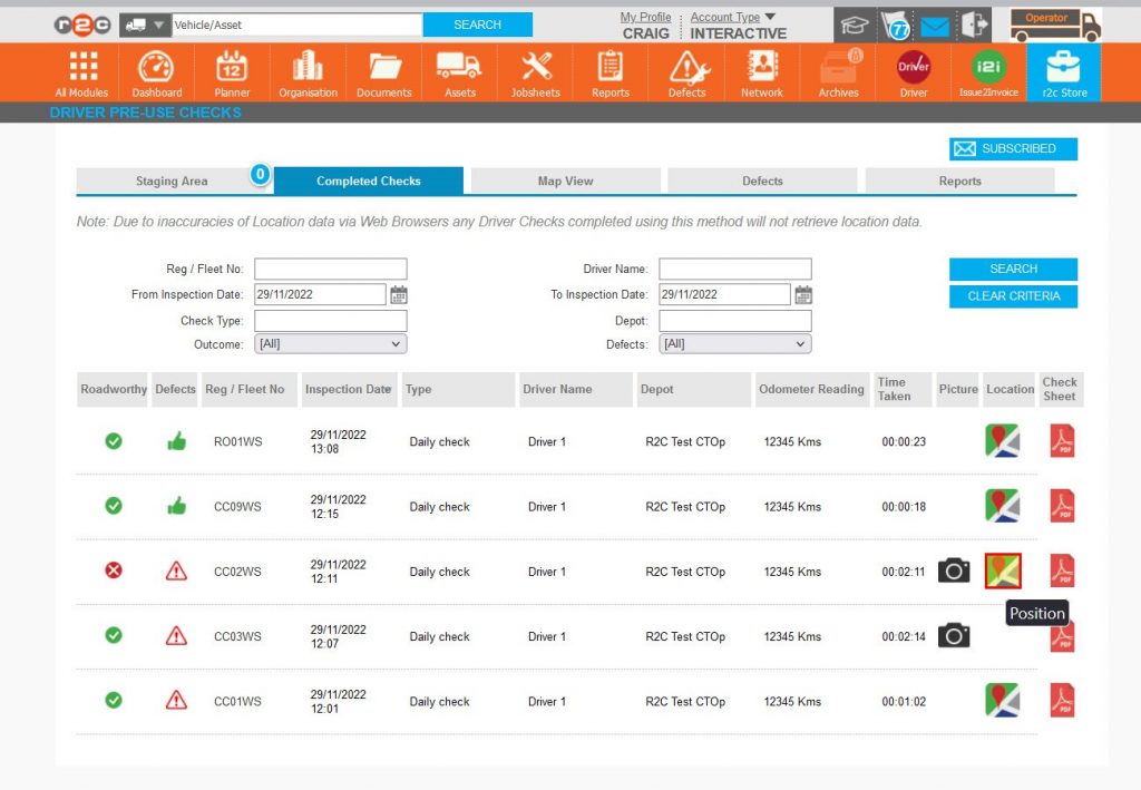 Step 9 – Where the driver is reporting an issue where their location is required i.e. a breakdown, location reporting can be used, Click the map icon.