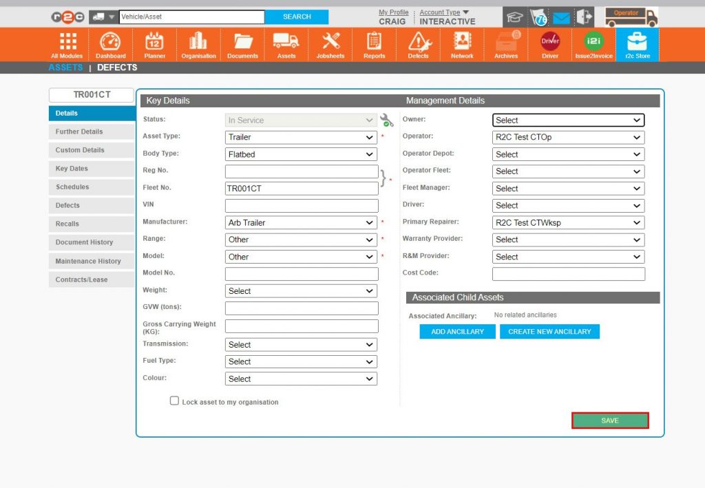 Step 12 – The asset has now been saved to the system, any additional information can be filled in before again clicking SAVE.