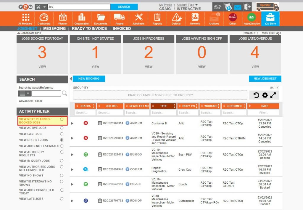 – Select the activity filter named ‘VIEW NEXT PLANNED/BOOKED JOBS’ to view future jobs.