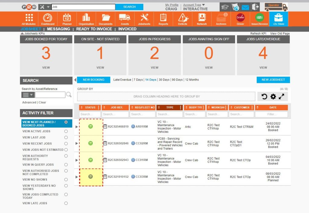 Step 5 – Jobsheets can now be monitored per their status, specifically those symbols in blue   and marked as planned. These jobsheets can now be inspected before setting to booked.