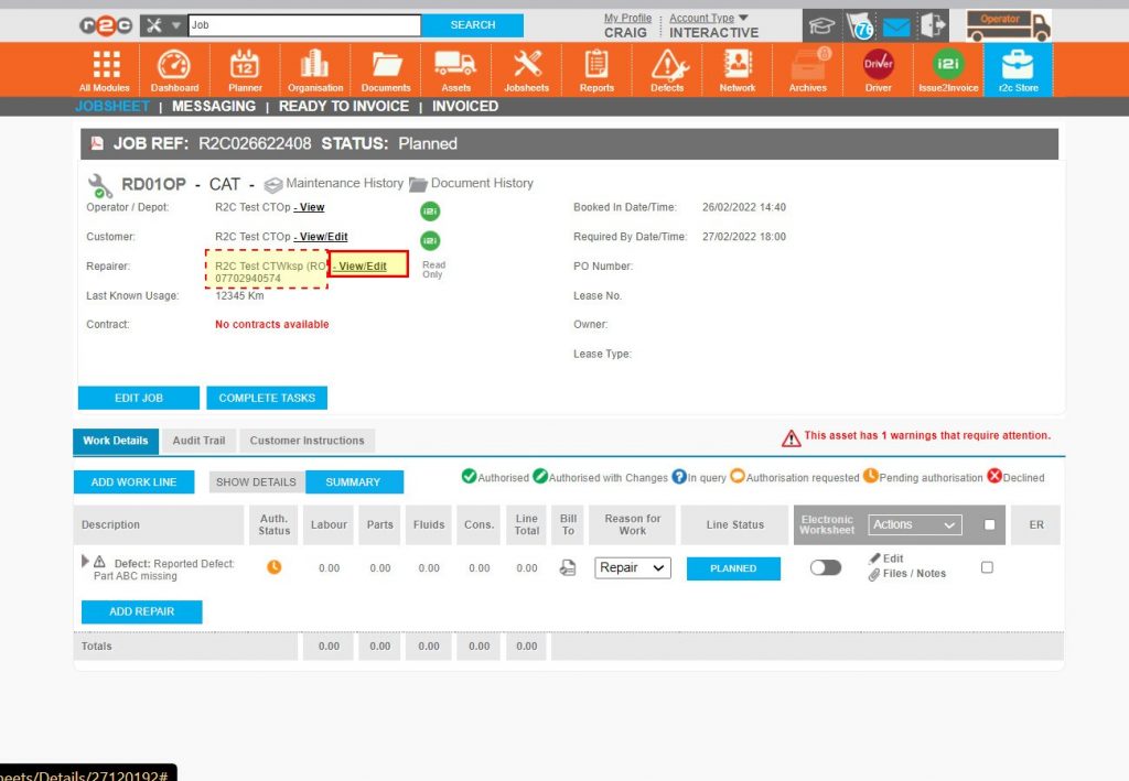 Step 1 – Where a jobsheet is required to be reallocated, click ‘View/Edit’ next to the current repairer’s name.