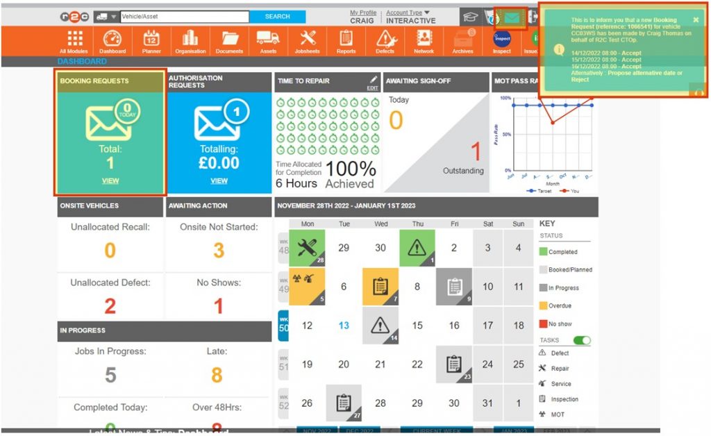 Step 1 – E-Bookings will initially popup as an instant message in the upper right corner of the screen, they can then be monitored from the dashboard in the BOOKING REQUESTS tile, clicking view here will open the messaging system. You can also click the blue messages envelope in the header bar to access the messages area.