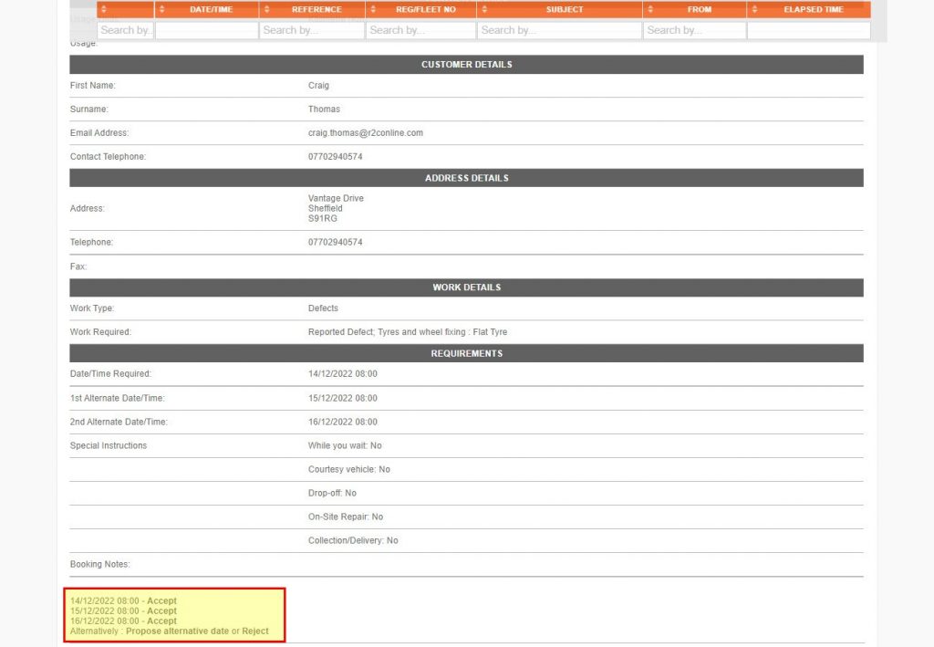 Step 3 – The request will contain the asset detail, the customers details, work details and date/time required, the action area is in the lower left corner. This is where you can choose a response to send back to the customer.
