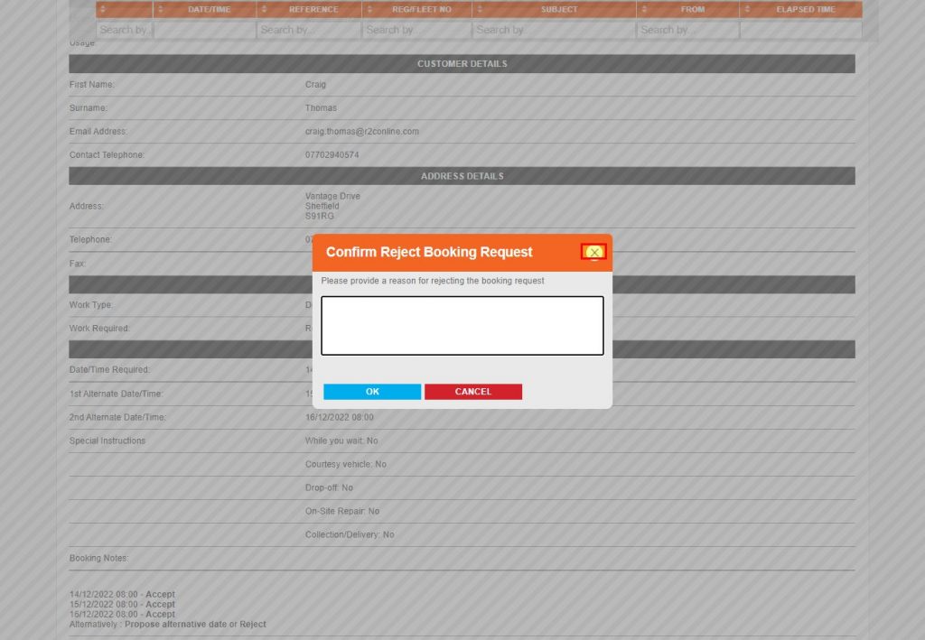 Step 5 – Where the work cannot be carried out due to workload or work type, the request should be rejected. Click reject and then enter a reason for the customers information in the popup provided.