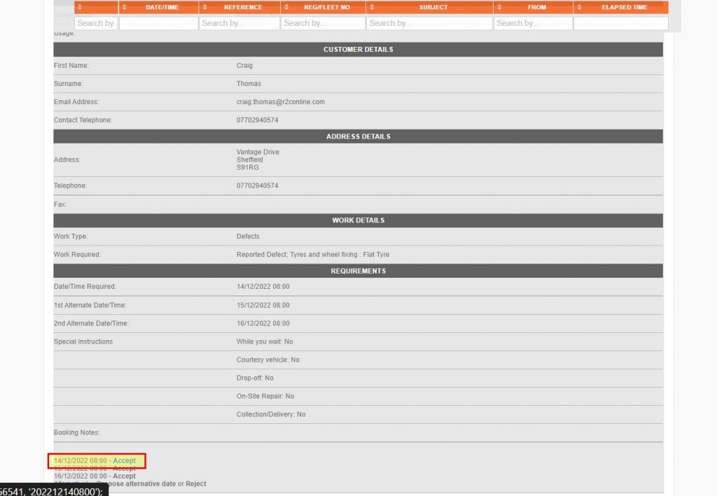 Step 6 – If you can carry out the work, you can choose from one of the three dates/times requested; by simply clicking accept.