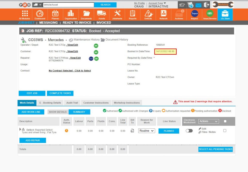 Step 7 – Once accepted, the booking request generates the jobsheet for the date/time selected. This type of jobsheet contains the additional tab ‘E-Booking Details’ and has automatically been set to booked, however the Required by date/time has not been set, this should be done now to complete the acceptance.