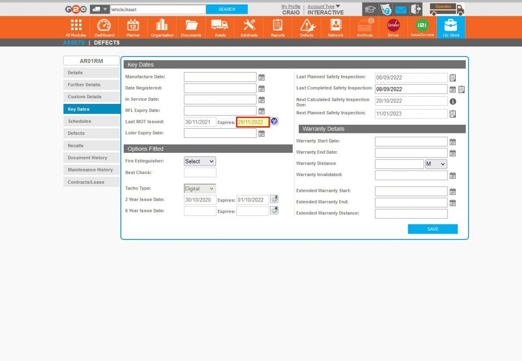 Step 2 – The asset details page will open to the field of information that has breached, this date can now be updated, or addition actions taken if required.