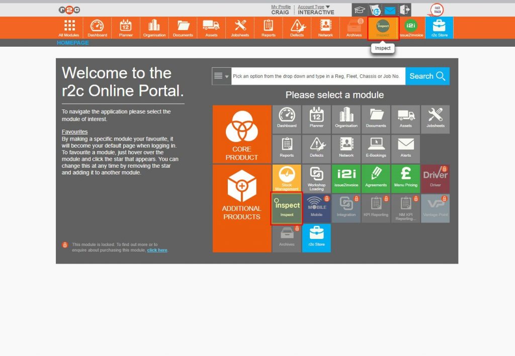 Step 1 - The first time a machine is used, tablet or laptop, inspect should be accessed via the portal by clicking on the link in the top bar or clicking the module symbol.