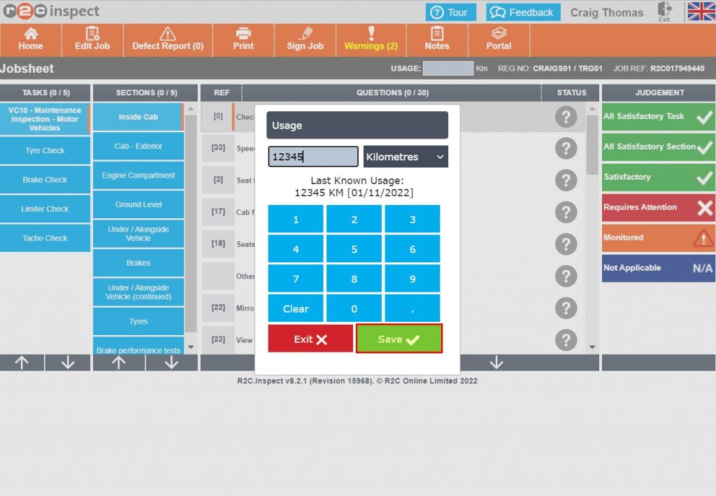 Step 1 – The first piece of information required for a VC10 Inspection is the mileage, this can be left until later in the job by clicking exit.
