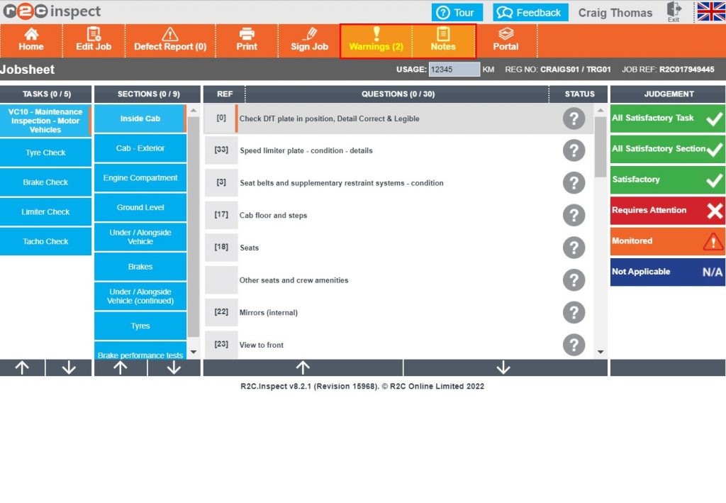 Step 2 – Before starting the inspection, take note of any outstanding defects in the Warnings section or Notes provided by the Workshop admin staff in portal. Click Warnings.