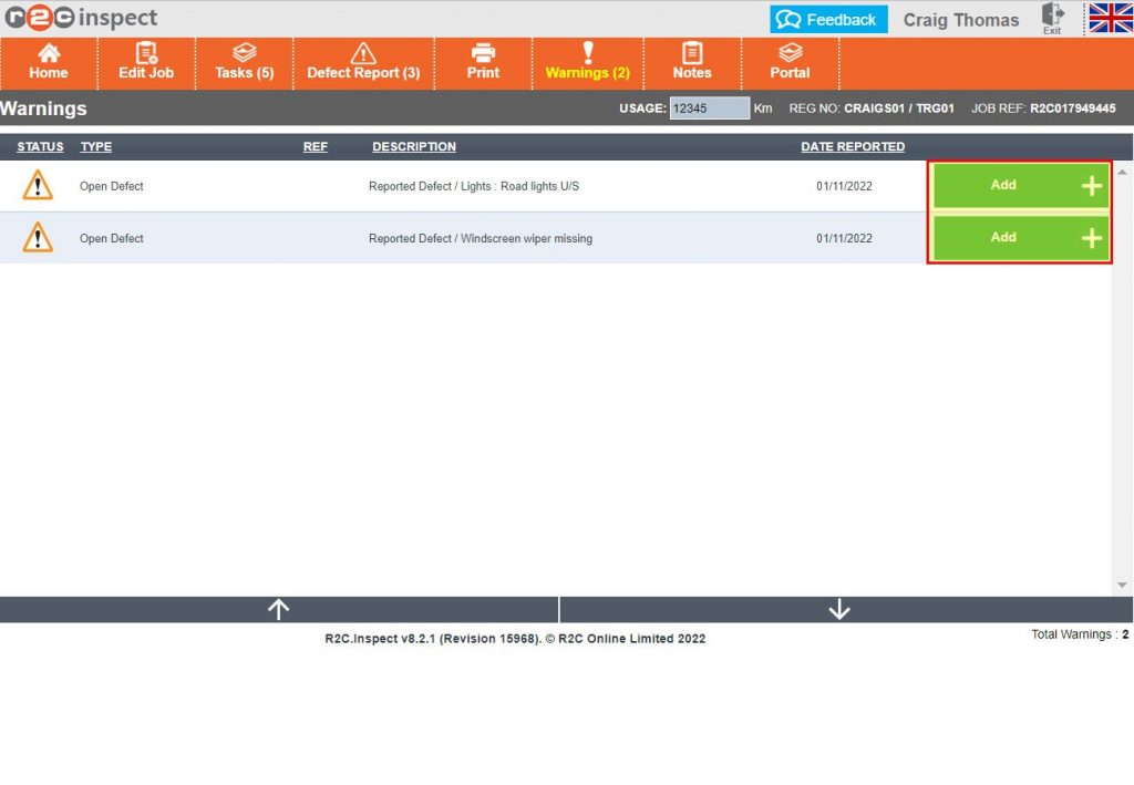Step 3 – There are two types of warnings, defect warnings that can be added to the job card and compliance warnings i.e., MOT is due to expire, these types of warnings cannot be added but may affect the final roadworthiness decision. Click Tasks to return to the inspection sheet.