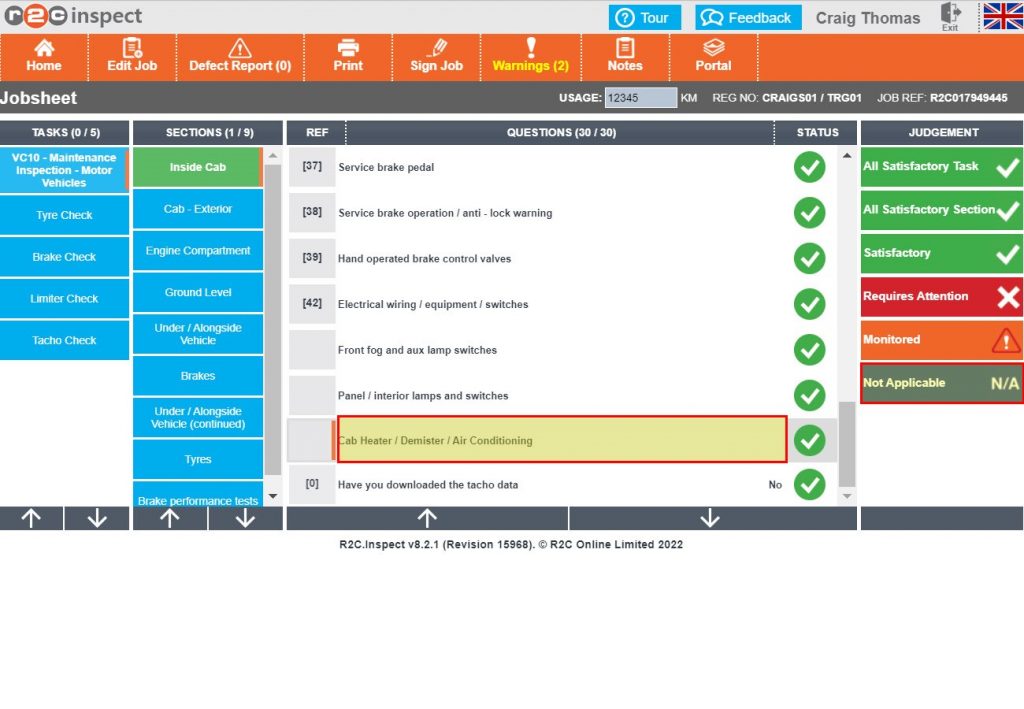 Step 7 – The additional piece of free text has now been added to the answer, this example would be different to an asset not having an item to inspect where Not Applicable should be selected.
